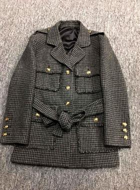 Yan.高级成衣定制 法式小香风灰色格子系带收腰显瘦夹克外套