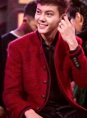 Yan.高级成衣定制 陈伟霆同款红色黑色立领圈圈羊毛呢外套