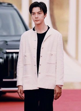 Yan.高级成衣定制 陈伟霆同款白色圆领四口袋简约小香风花呢外套