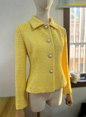 Yan.高级成衣定制 法式小香风鹅黄色翻领修身显瘦外套