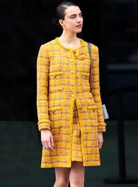 Yan.高级成衣定制法式小香风黄色格圆领四口袋编织粗花呢大衣外套