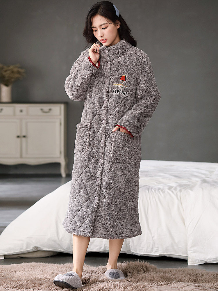 NIGHTGOWN WOMENS WINTER LONG CORAL VELVET THREE-LAYER COTTON PADDED PILE THICKENED FLANNEL CATIONIC PAJAMAS BATHROBE LOUNGEWEAR