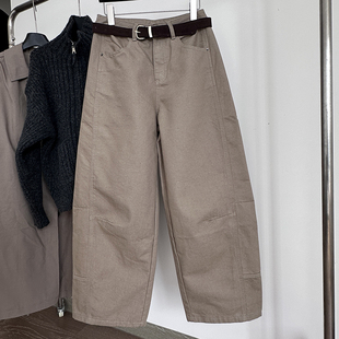 高腰宽松显瘦卡其色阔腿裤女弯刀裤配腰带2025冬季加绒阔腿休闲裤