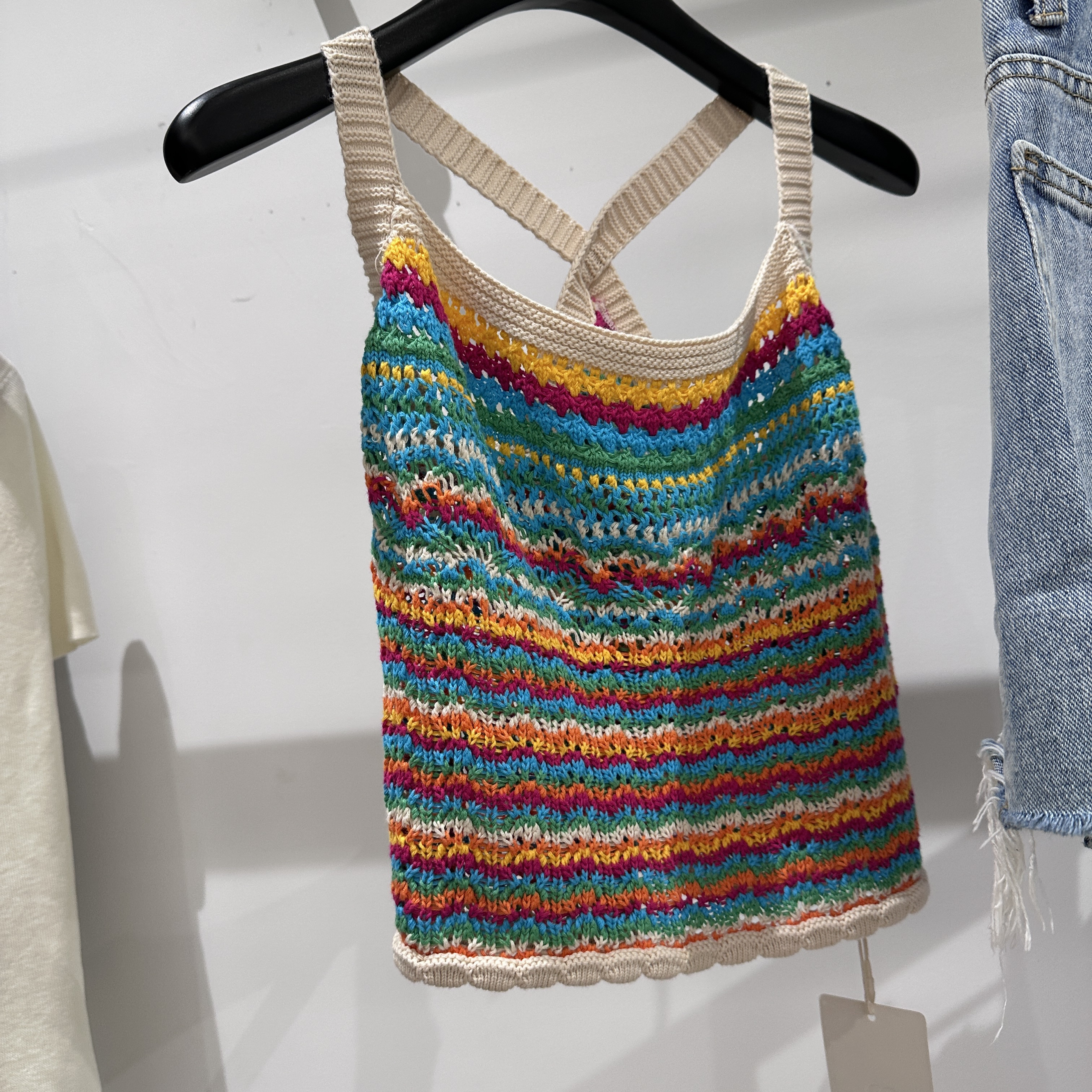 镂空钩花针织吊带背心民族风度假彩色条纹露背上衣甜美气质短款