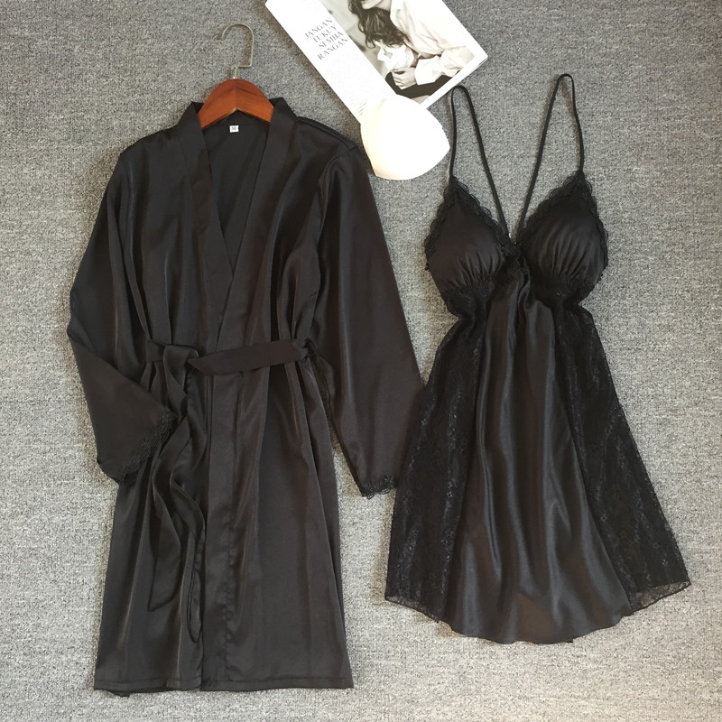 睡衣女冰丝绸薄款春夏季纯黑色蕾丝吊带睡袍两件套性感美背家居服