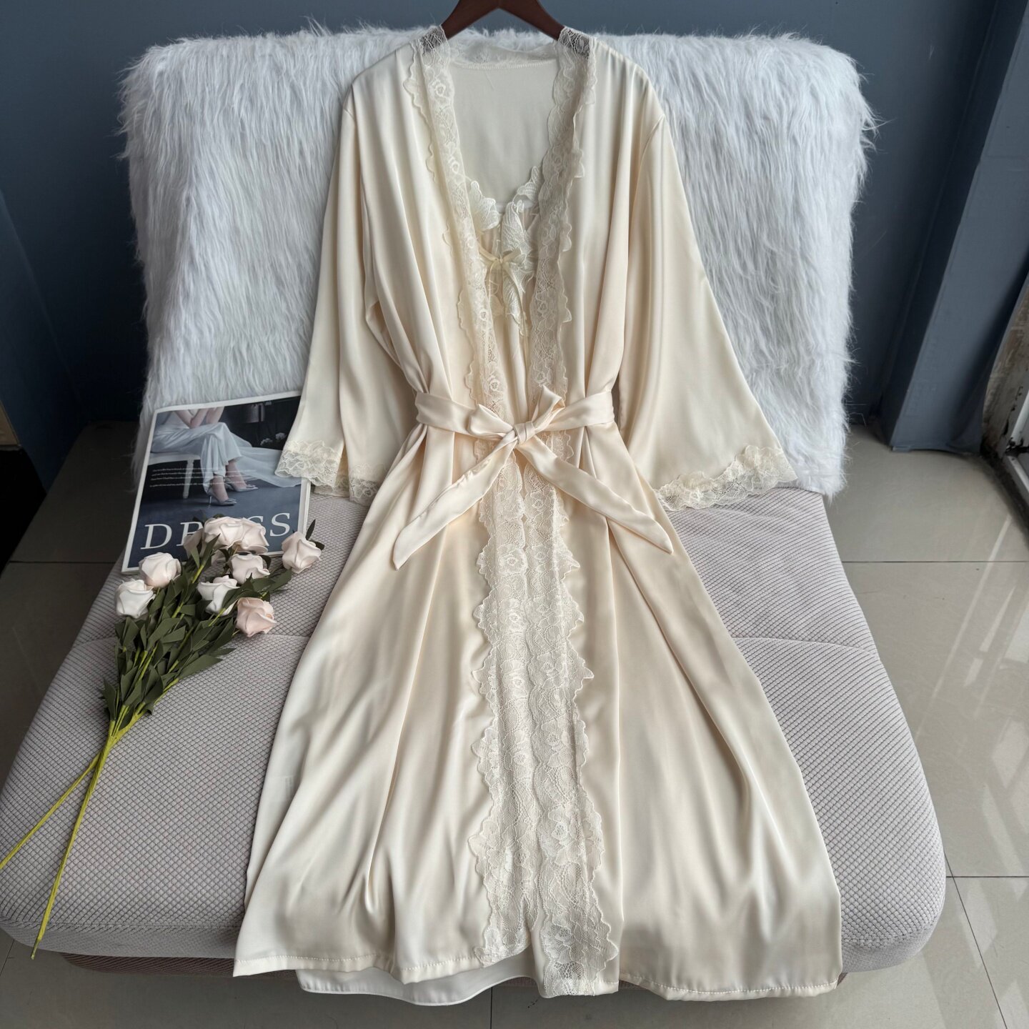 睡衣性感女薄款冰丝睡袍吊裙两件套气质蕾丝系带浴袍夏春秋家居服