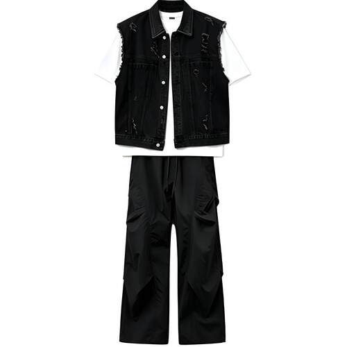 夏季潮牌三件套牛仔马甲男青少年一整套搭配