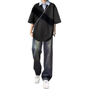 美式假两件POLO衫短袖男男青少年一整套搭配牛仔裤男装潮流帅气