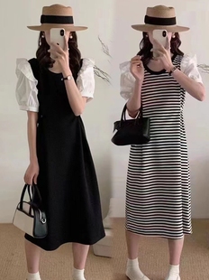 黑白条纹连衣裙女夏季 高级感收腰显瘦长裙子潮 2023新款 泡泡袖 法式