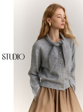 【柒柒】AEL原创系带领结羊毛针织开衫女2025秋冬季气质毛衣上衣