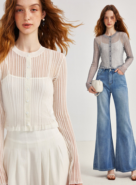 AEL原创天丝亚麻薄款白色开衫女2025夏季新款度假风针织空调衫