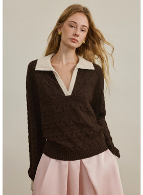 【柒柒】AEL原创拼色翻领绞花毛衣百搭羊毛针织上衣