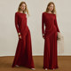 AEL原创天丝羊毛套装 裙2026春新款 红色船领不对称上衣年会晚宴裙