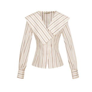 【七七酱直播间】AEL原创大翻领条纹天丝棉衬衫女26长袖收腰衬衣