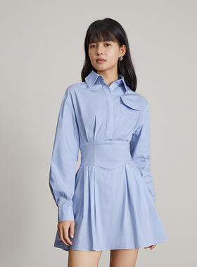 多件多折法式气质高级连衣裙通勤长袖蓝色衬衫裙短裙a字裙