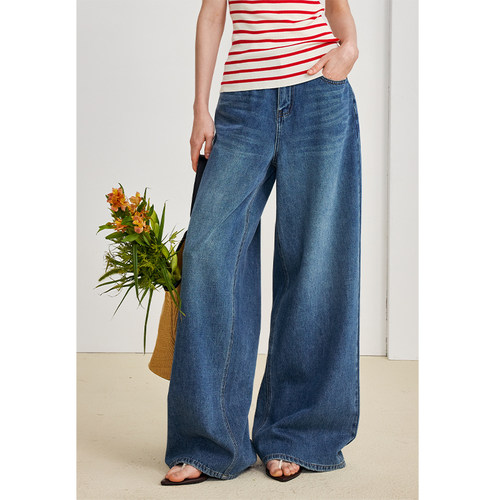 棉高腰牛仔裤收腰显瘦直筒阔腿裤