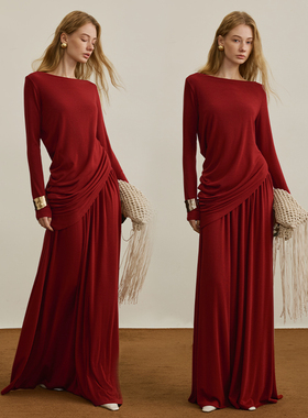 【汤曼妮粉丝专享】AEL原创天丝羊毛套装裙船领不对称上衣半裙