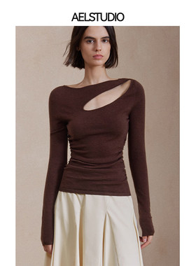 【柒柒】AEL原创镂空针织衫女2025秋冬一字领修身显瘦打底毛衣