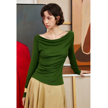 【汤曼妮粉丝专享】AEL原创天丝羊毛荡领长袖T恤女2025秋冬新款捏