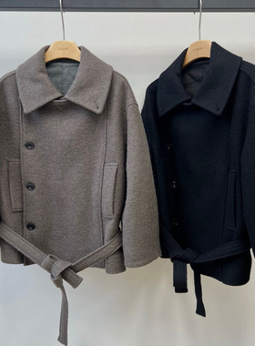 小众设计 25冬 金敏喜同款秋冬氛围感侧排扣翻领收腰短款毛呢外套