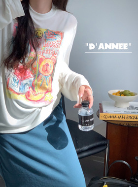 小众设计 24早秋 慵懒俏皮减龄 手绘涂鸦小熊印花防晒宽松长袖T恤