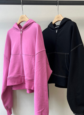 小众设计 25秋 青春休闲 撞色明线字母刺绣宽松短款连帽拉链卫衣