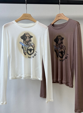 小众设计 25早秋 甜酷辣妹 卡通小狗字母印花修身轻薄圆领长袖T恤