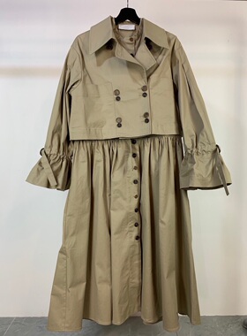 小众设计 22年早春新款 百搭腰部松紧带褶皱设计 两件套风衣外套