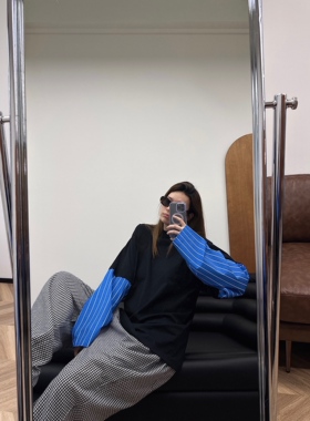 小众设计 24春 潮流青春休闲 船锚刺绣撞色条纹宽松假两件长袖T恤