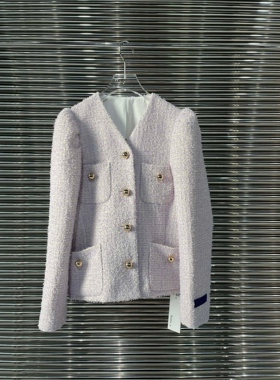 小众设计 22春季 优雅时尚小香风 金属纽扣粗花呢V领泡泡袖短外套