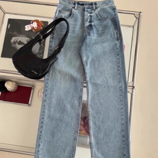 小众设计 24秋季 rose娜扎同款 百搭高腰显瘦字母皮标直筒牛仔裤