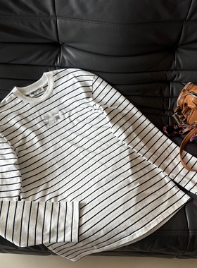 小众设计 24夏 简约休闲百搭 字母刺绣宽松条纹长袖T恤 男女同款