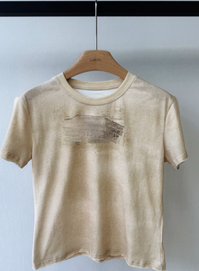 小众设计 25夏季 潮流酷飒辣妹 字母印花做旧脏脏修身显瘦短袖T恤