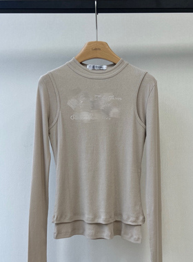 小众设计 25早秋 美式街头甜酷风 字母印花假两件修身显瘦长袖T恤