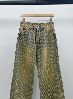 小众设计 25春夏 潮流酷girl 重工满天星烫钻做旧宽松直筒牛仔裤