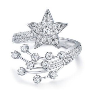 许愿流星 D色5A超闪莫桑钻 S925银镀铂金满钻五角星开口婚礼戒指