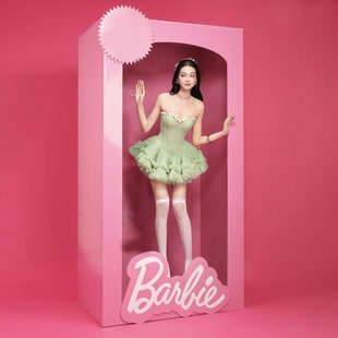 复古蕾丝清新甜美芭蕾风抹胸蓬蓬裙女绿色绑带修身 短裙公主风气质