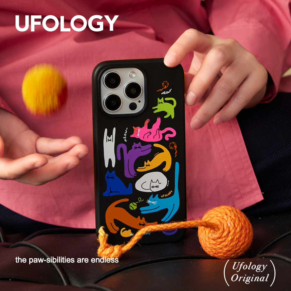 Ufology原创磁吸适用iPhone15promax手机壳14pro苹果13猫咪12全包11可降解可爱支架卡包黑色插画新款16promax