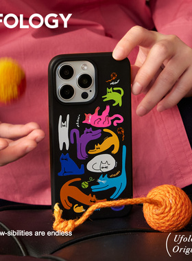 Ufology原创磁吸适用iPhone15promax手机壳14pro苹果13猫咪12全包11可降解可爱支架卡包黑色插画新款16promax