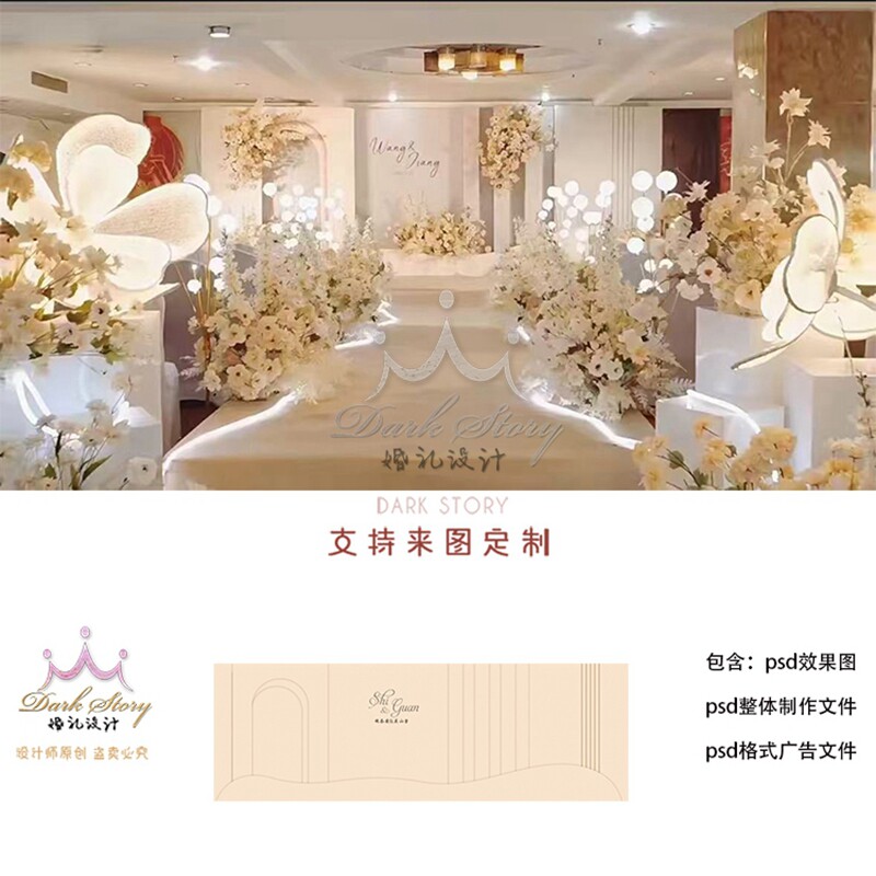 香槟色婚礼背景墙设计图迎宾签到区喷绘KT板布置效果PSD素材模板