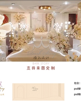 香槟色婚礼背景墙设计图迎宾签到区喷绘KT板布置效果PSD素材模板