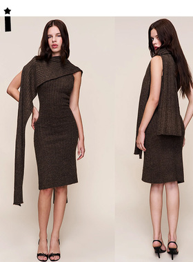 Kii正品海外代Guizio 连衣裙秋冬围巾披肩修身螺纹弹力无袖中长裙