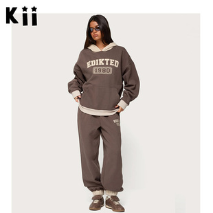 Kii部分现货美国Edikted宽松1980图文撞色饰边连帽套头卫衣上衣女