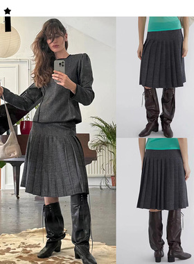 Kii正西班牙正品Paloma Wool小众复古学院风高腰百褶灰色半身裙