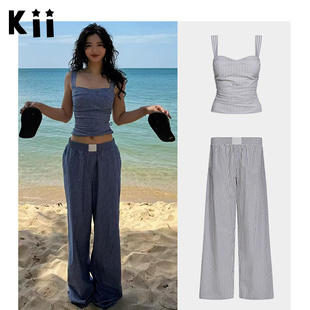 Kii正品Lioness条纹褶皱收腰吊带上衣宽松低腰休闲长裤套装