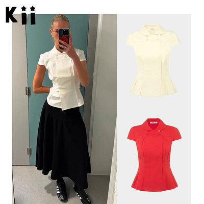 Peachyden娃娃领收腰短袖衬衫