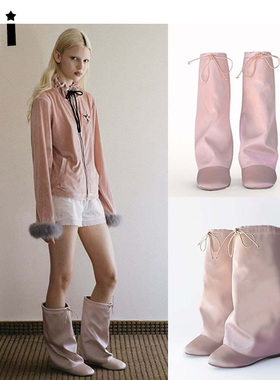 Kii少量现货Praying 设计师款粉色靴缎面芭蕾舞鞋高筒平底女鞋