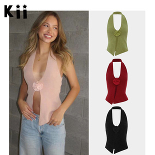 Kii正品现货折扣With jean性感低胸背心立体玫瑰花朵挂脖吊带上衣