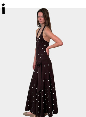 Kii美国代购Urban sophistication棕色波点挂脖U领针织超长连衣裙