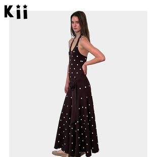Kii美国代购Urban sophistication棕色波点挂脖U领针织超长连衣裙
